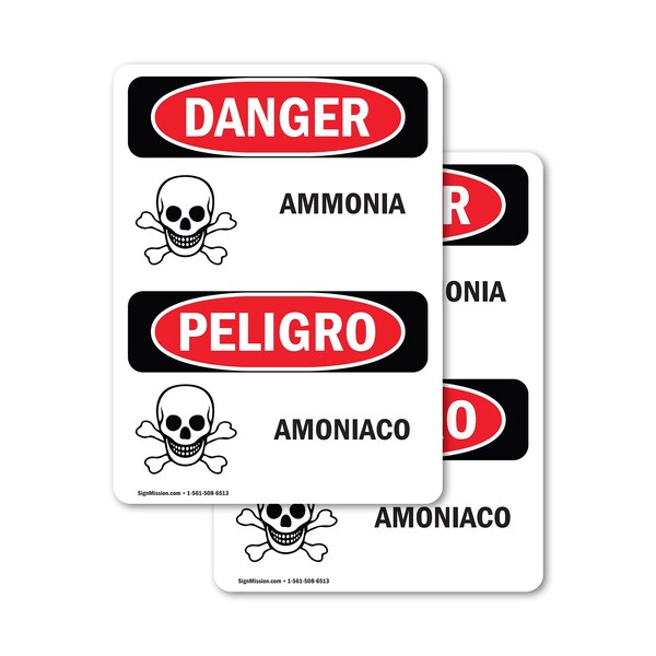 Signmission Ammonia - Amoniaco Danger Sign, Vinyl Decal, 10in W x 14in L, 2PK OS-2PACK-DS-D-1014-VS-1992 - main